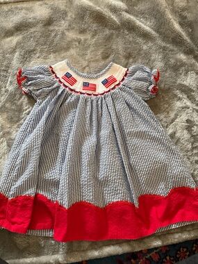 Girls Blue and Red Striped Seersucker Dress with Flag Smocking